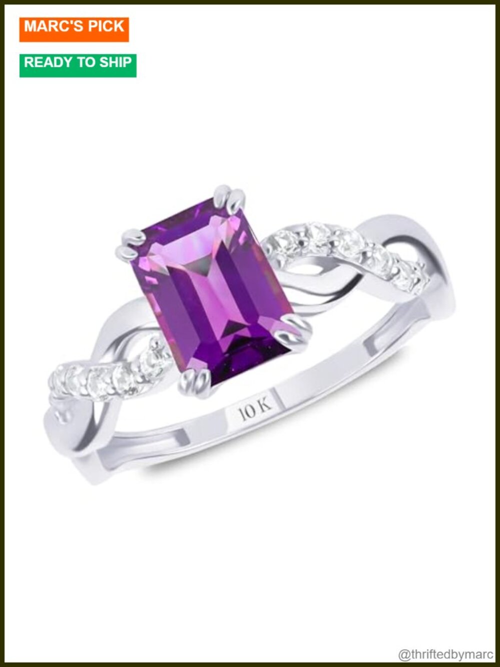 Solid 10K Gold Amethyst Emerald Cut Ring Twisted Band Cocktail Statement